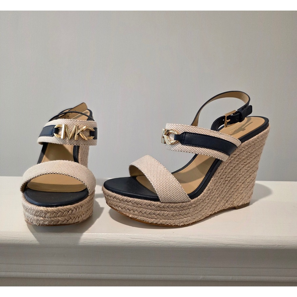 Women 6 M Michael Kors Reed Wedge Sandals Navy Natural Espadrille Platform Logo